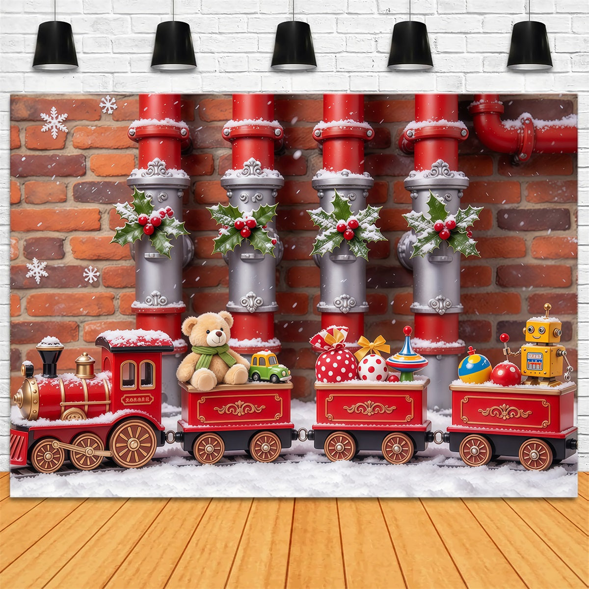 Fond Photo De Noël Train Jouet Houx Décoratif GQ610-52