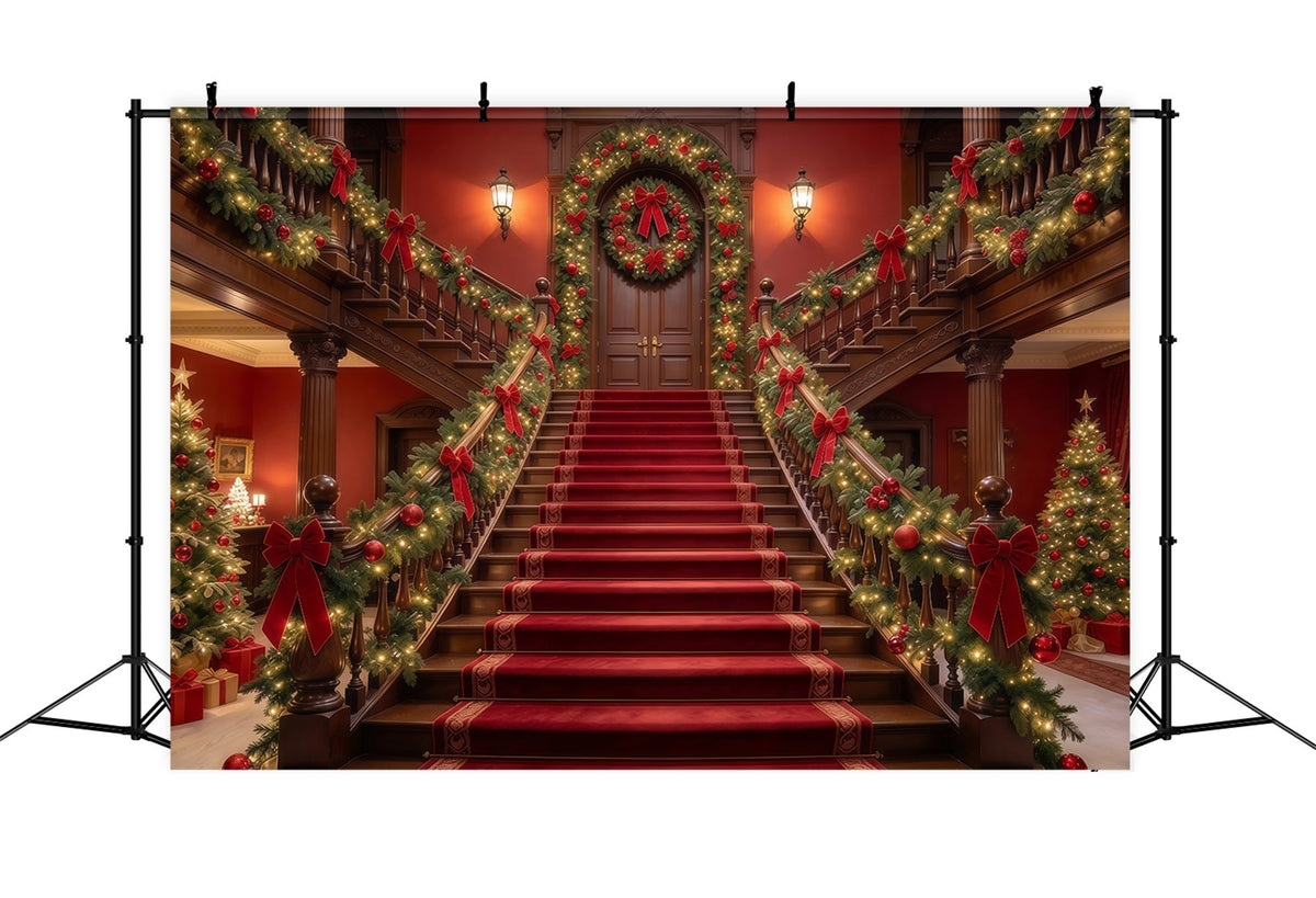 Fond De Noël Escalier Tapis Rouge Guirlande GQ610-55