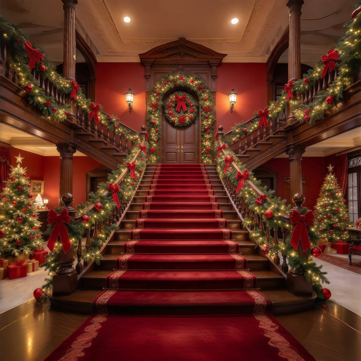 Fond De Noël Escalier Tapis Rouge Guirlande GQ610-55