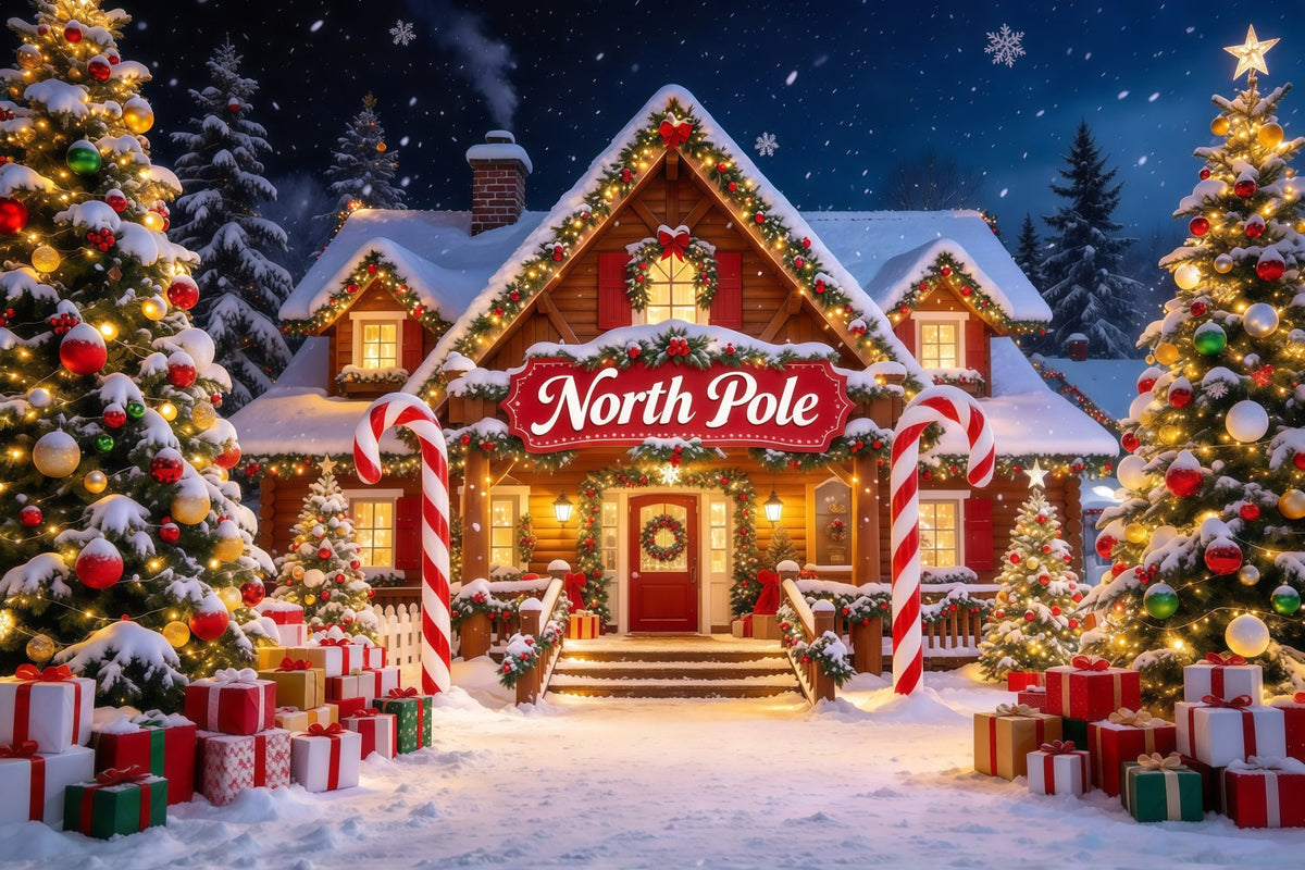 Fond Photo Pôle Nord Chalet Enneigé Arche Bonbons Sucre GQ610-6