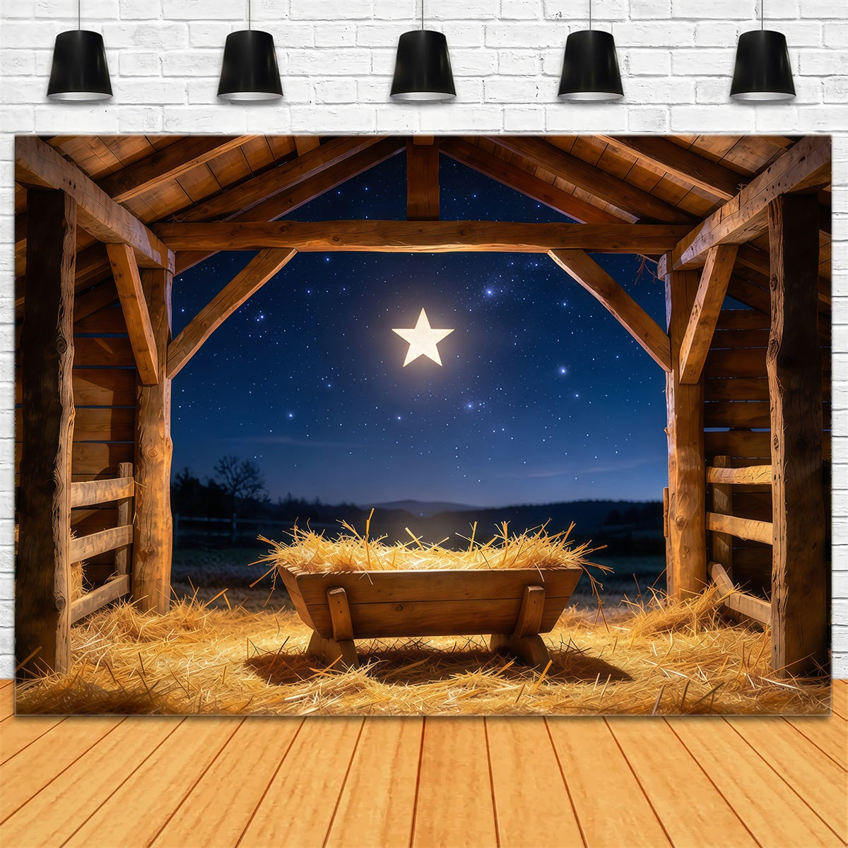 Fond De Crèche De Noël Nuit Étoilée Étable Mangeoire GQ610-61