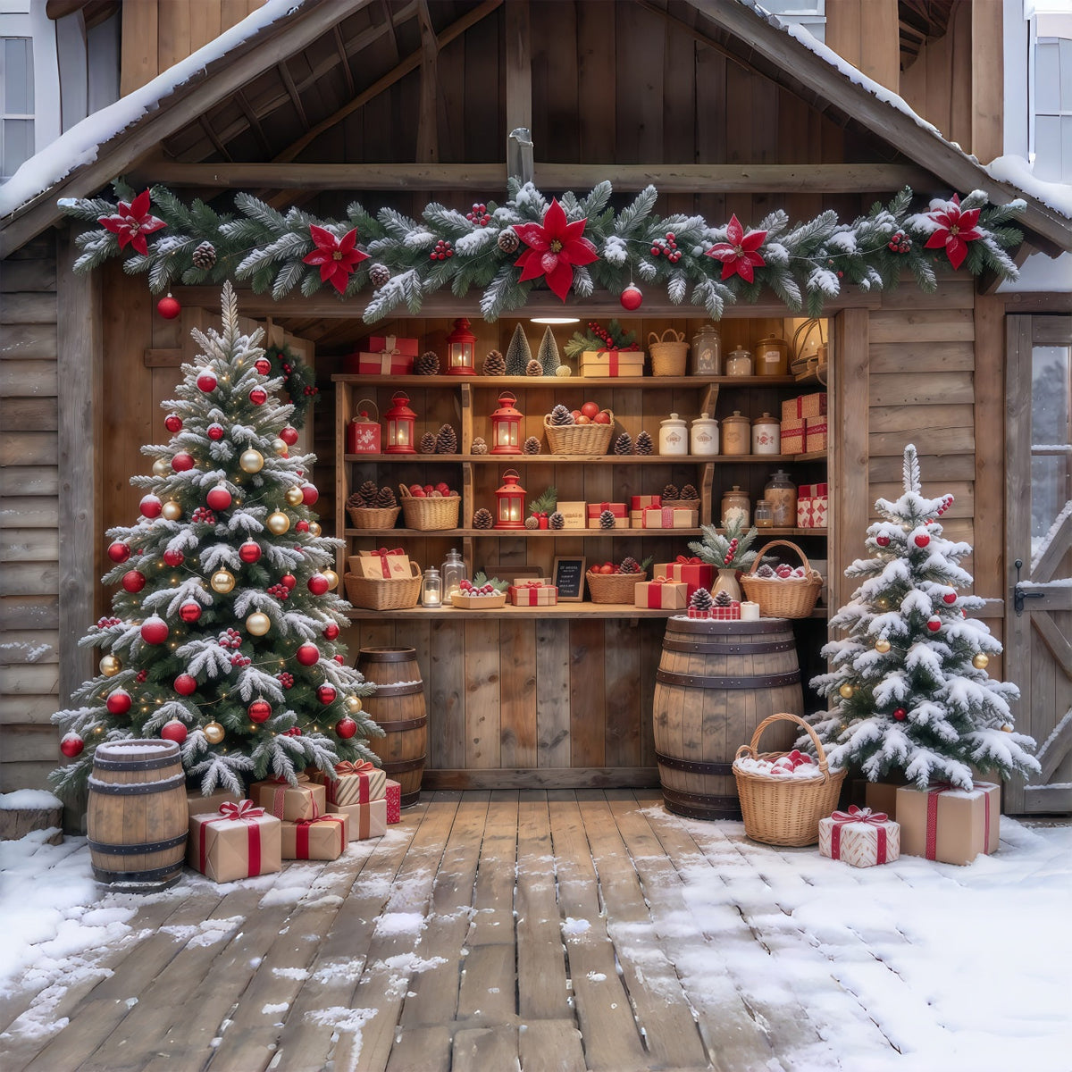 Fond Boutique De Noël Boutique Cadeaux Rustique Enneigée GQ610-65