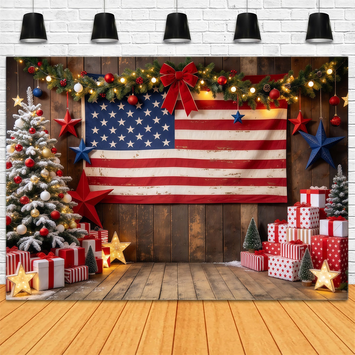 Fond De Noël Campagnard Présentoir Cadeaux Drapeau Rustique GQ610-68