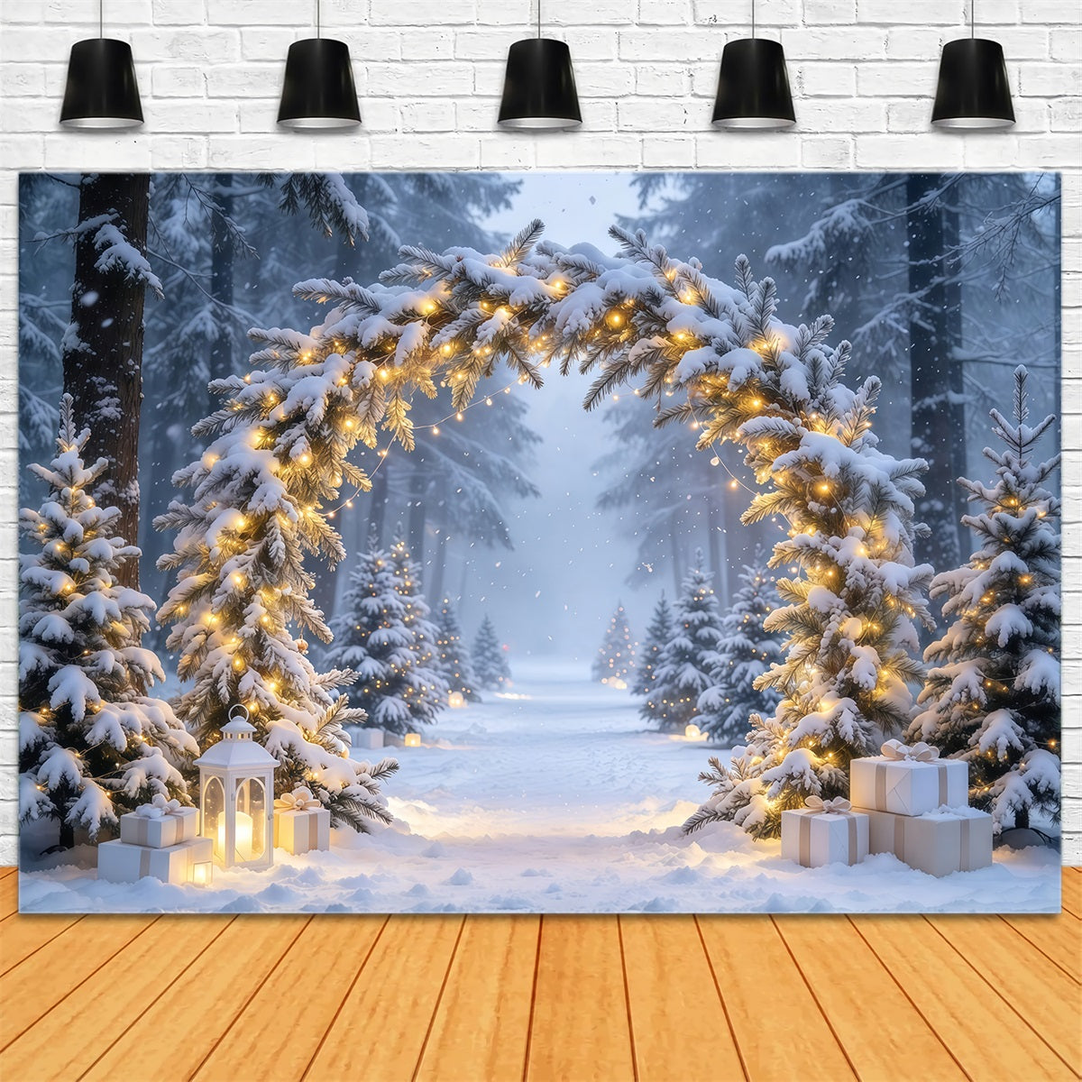 Fond Photo De Noël Arche Sapins Illuminés Enneigés Pays Hivernal GQ610-69