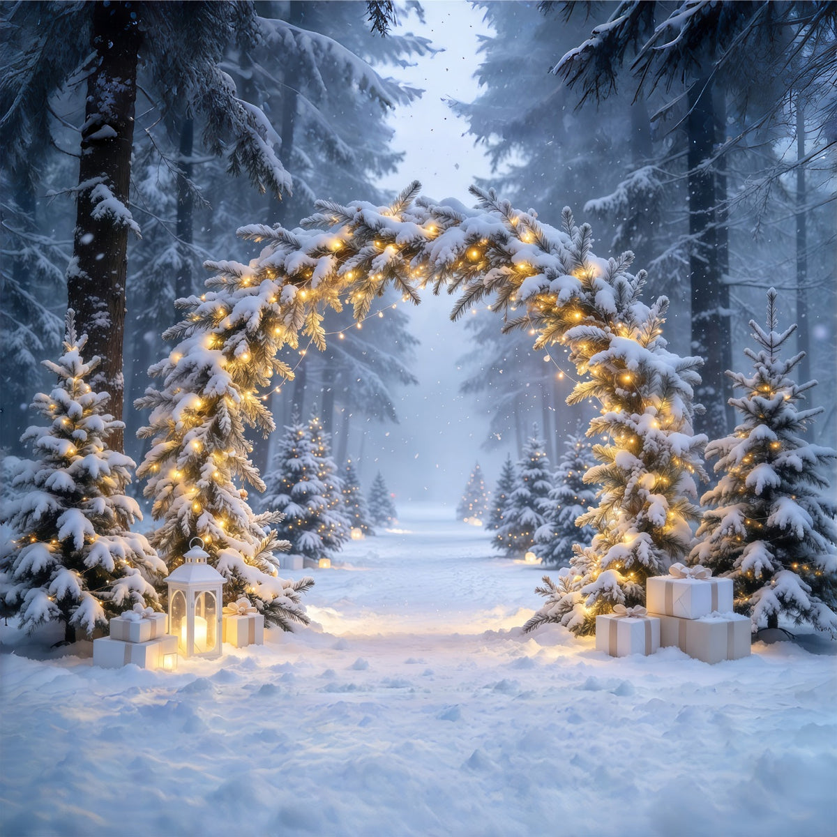 Fond Photo De Noël Arche Sapins Illuminés Enneigés Pays Hivernal GQ610-69