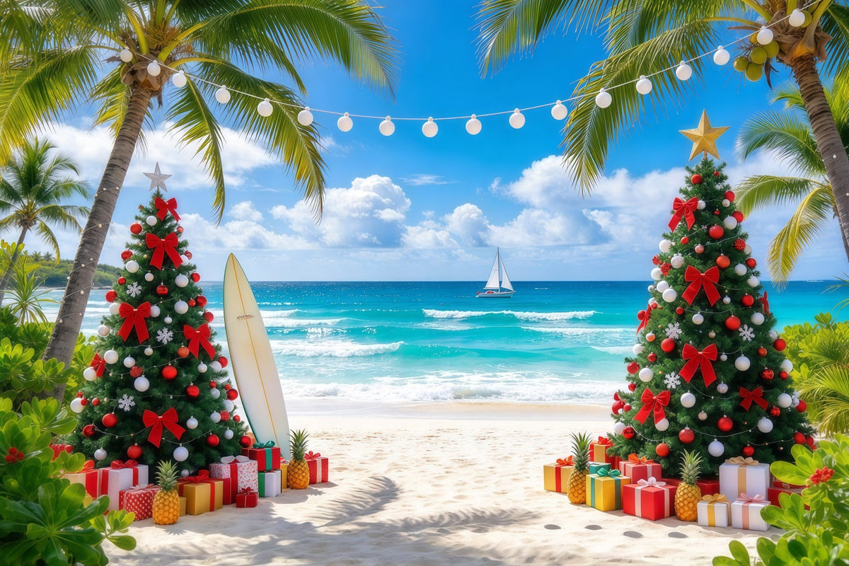 Fond De Noël Tropical Palmier Mer Plage Surf GQ610-7