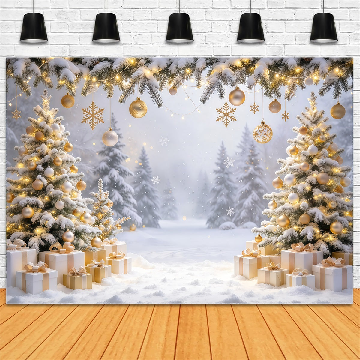 Fond Photo De Noël Ornements Dorés Forêt Enneigée GQ610-71