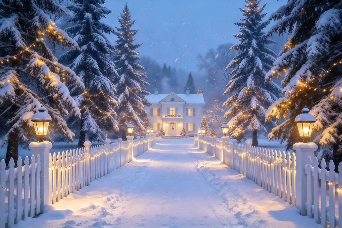 Fond Photo De Noël Sentier Palissade Lanternes Enneigées GQ610-72