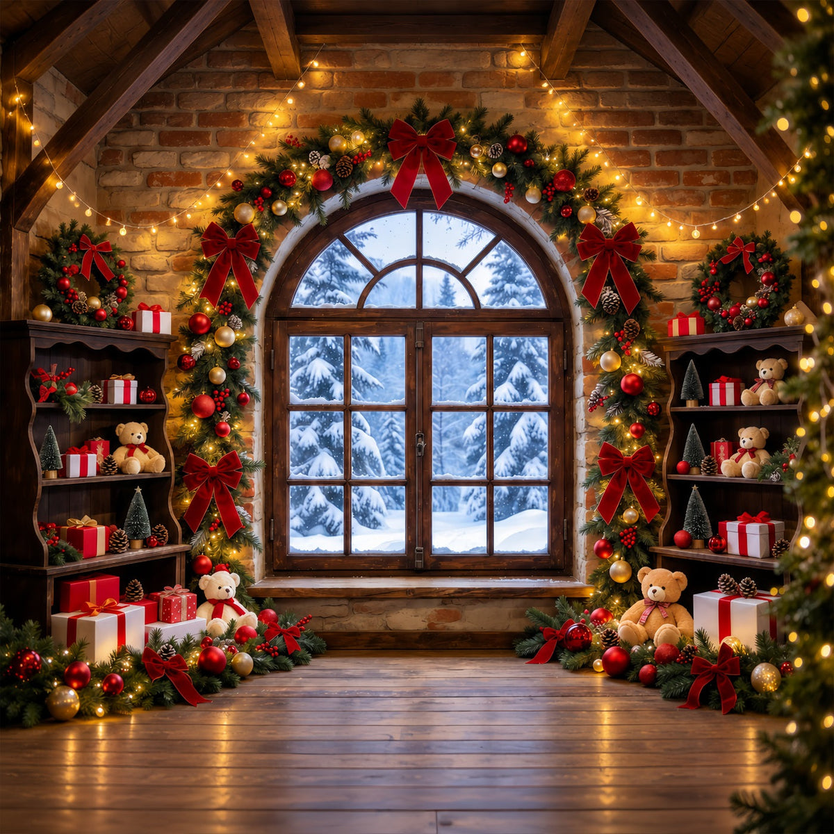 Fond De Fenêtre De Noël Intérieur Salle De Jouets Rustique GQ610-74