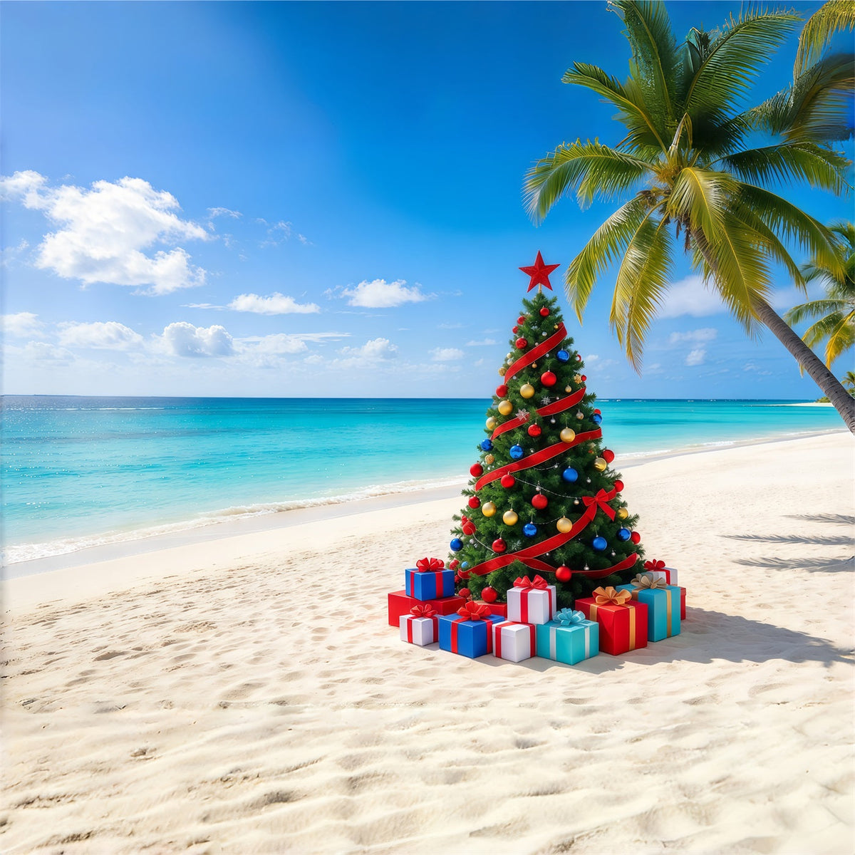 Fond De Sapins De Noël Tropical Plage Sapin Décoré GQ610-79