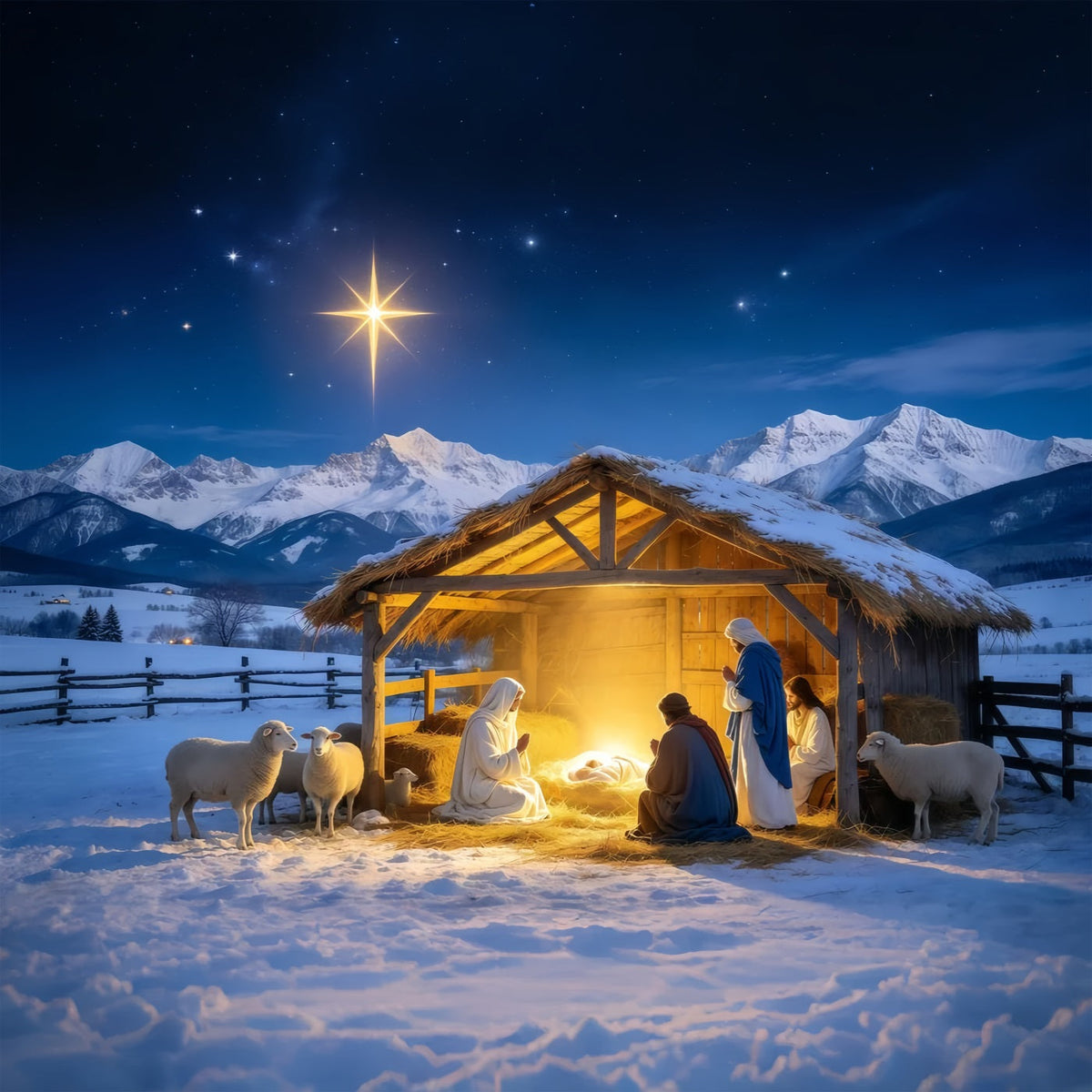 Fond De Crèche De Noël Étoile Dorée Étable Mangeoire GQ610-81