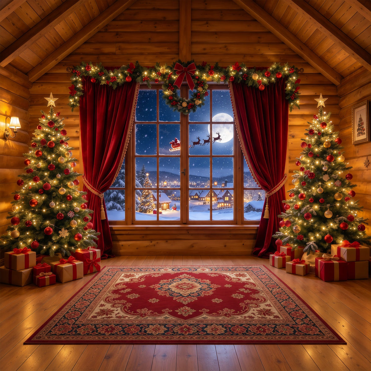 Fond Photo Père Noël Chalet Rustique Fenêtre Père Noël GQ610-83