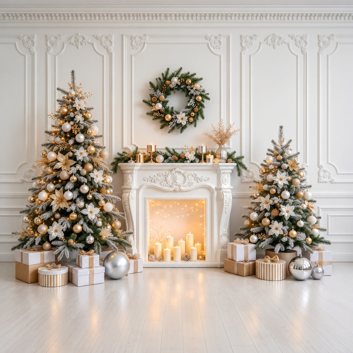 Fond Photo De Noël Cheminée Élégante Blanc Doré GQ610-84