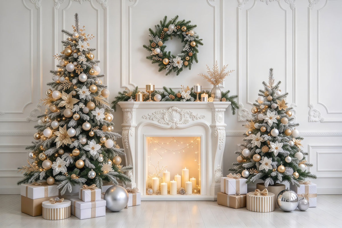 Fond Photo De Noël Cheminée Élégante Blanc Doré GQ610-84