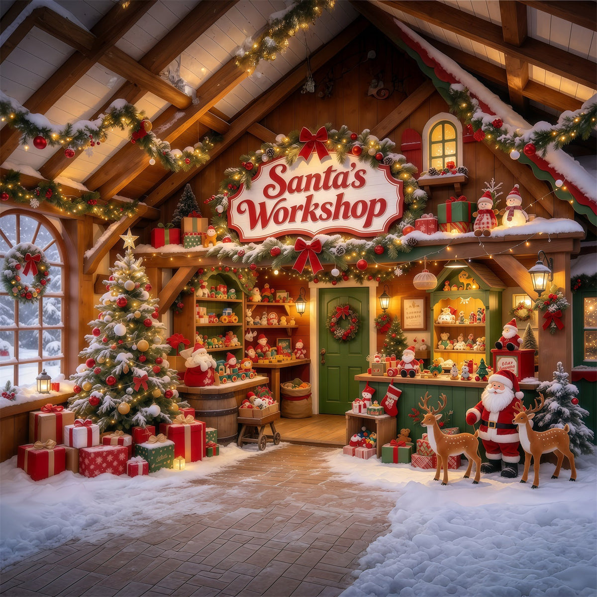 Fond Photo Atelier Père Noël Étagères Jouets Bois GQ610-9
