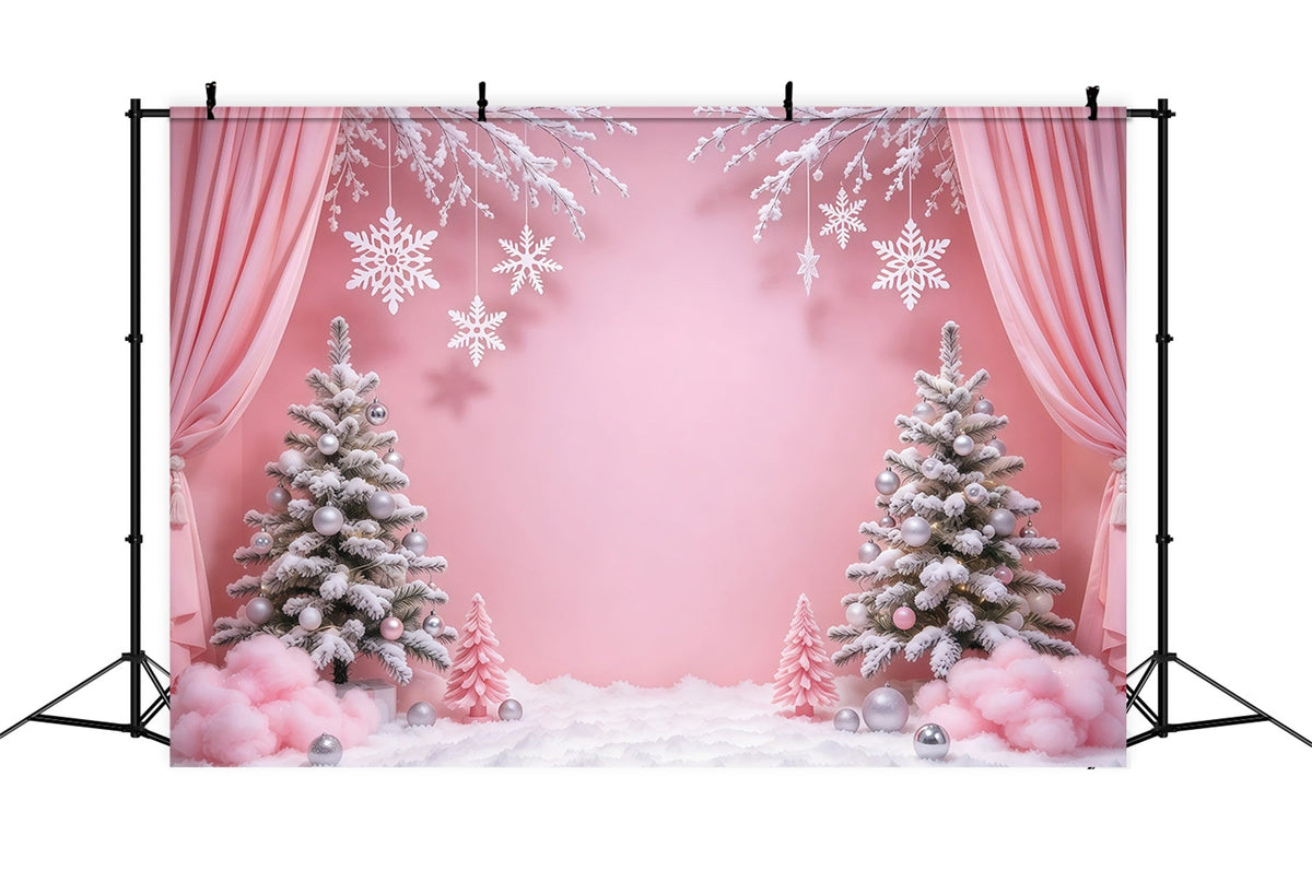 Fond De Noël Hivernal Rideau Rose Paysage Flocons GQ610-96