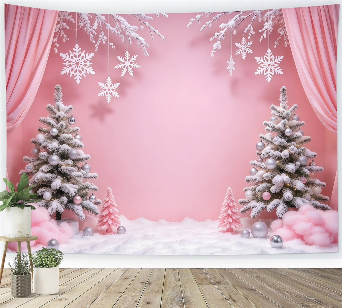 Fond De Noël Hivernal Rideau Rose Paysage Flocons GQ610-96