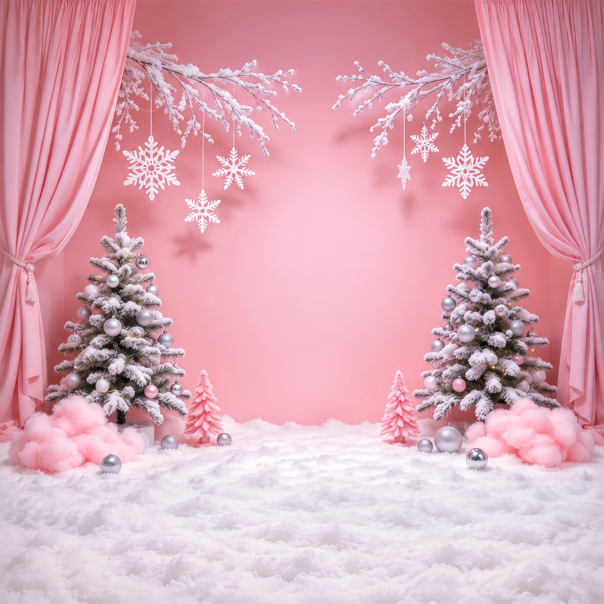Fond De Noël Hivernal Rideau Rose Paysage Flocons GQ610-96