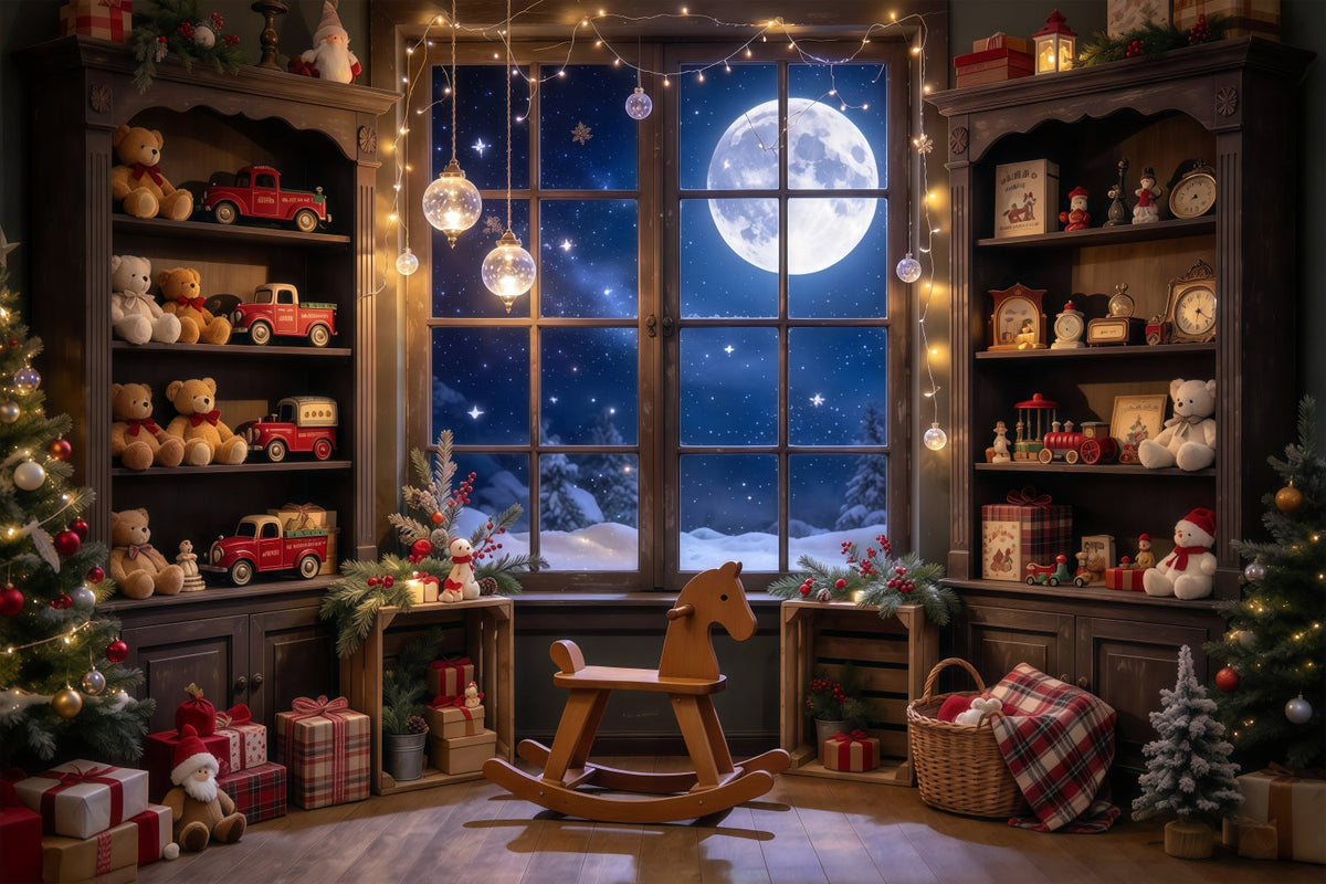 Fond Atelier Père Noël Fenêtre Salle De Jouets Au Clair De Lune GQ610-97