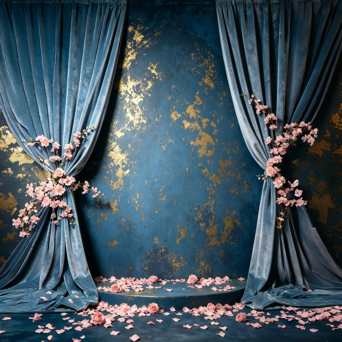 Fond Bleu et Or Mur Velours Roses Mouchetées Abstrait GQ64-37