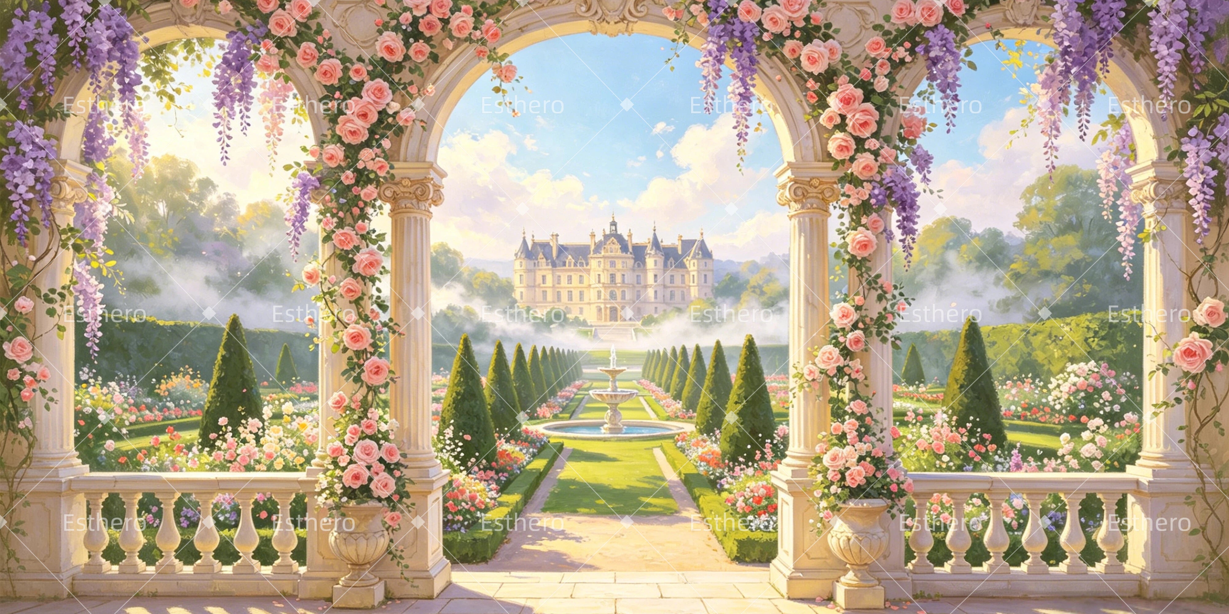 Toile de fond récital danse arche fleurie jardin décor scène GQ64-T8
