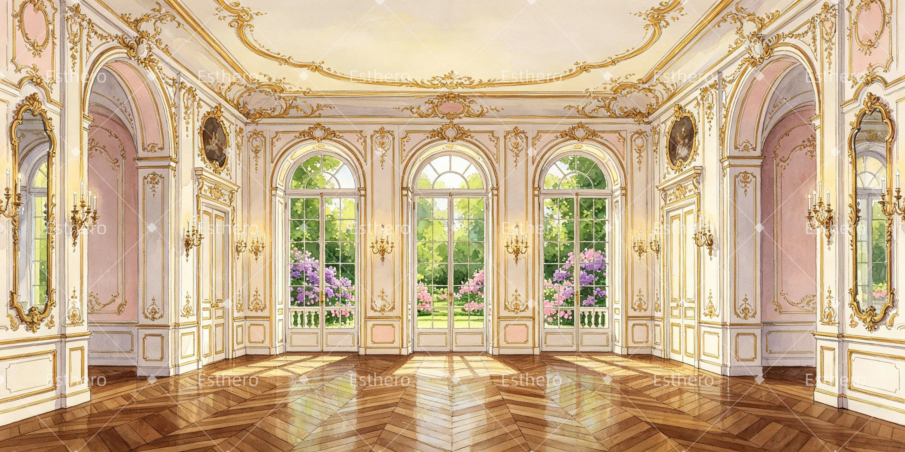 Toile de fond danse jardin et salle de bal décor de scène professionnel GQ65-T23