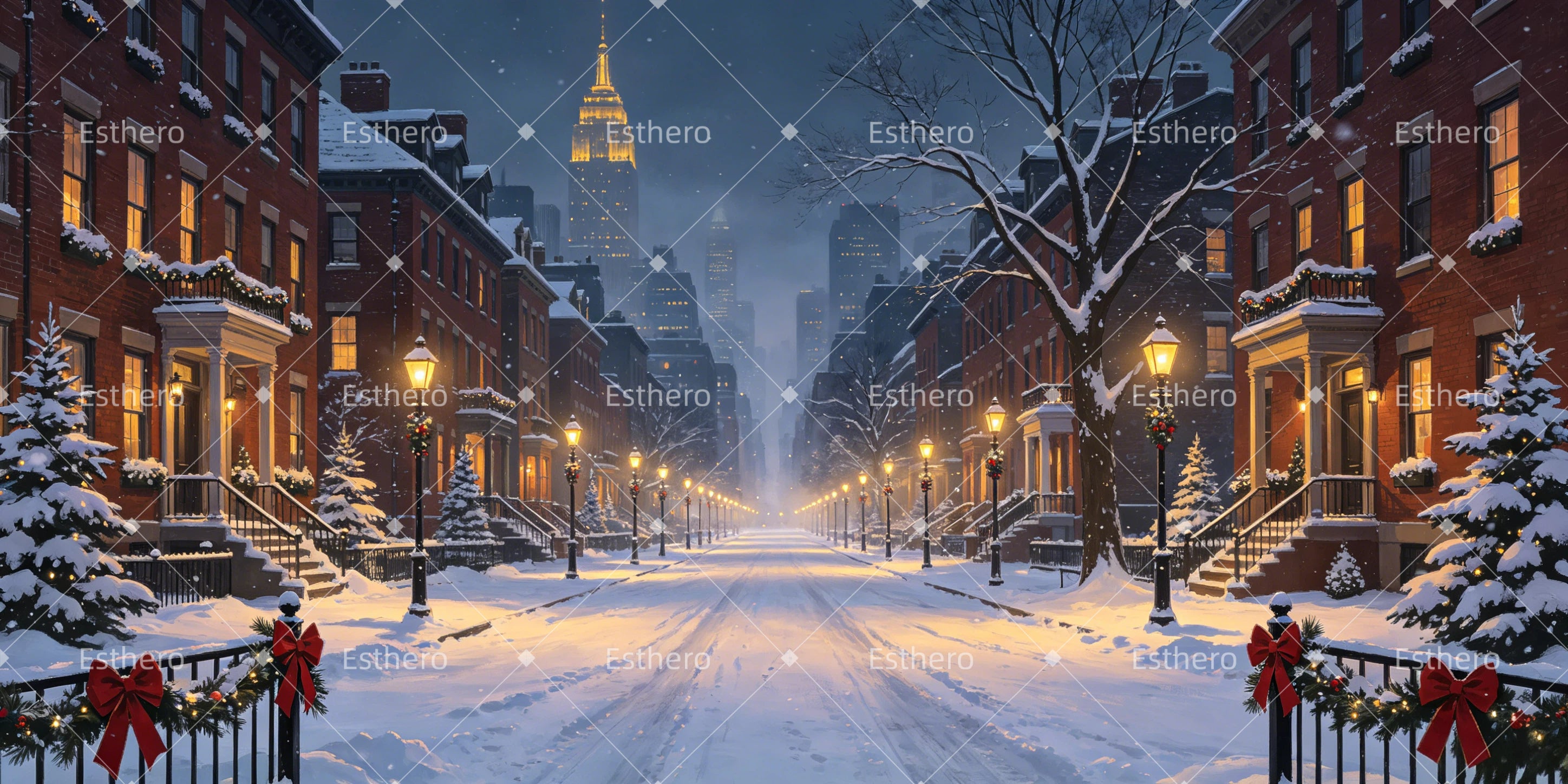 Toile de fond rue hivernale enneigée décor de cinéma GQ65-T57