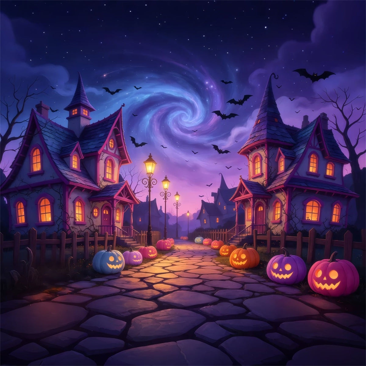 Décor De Village Hanté Au Crépuscule Chemin De Citrouilles Grands Décors D'Halloween GQ67-83