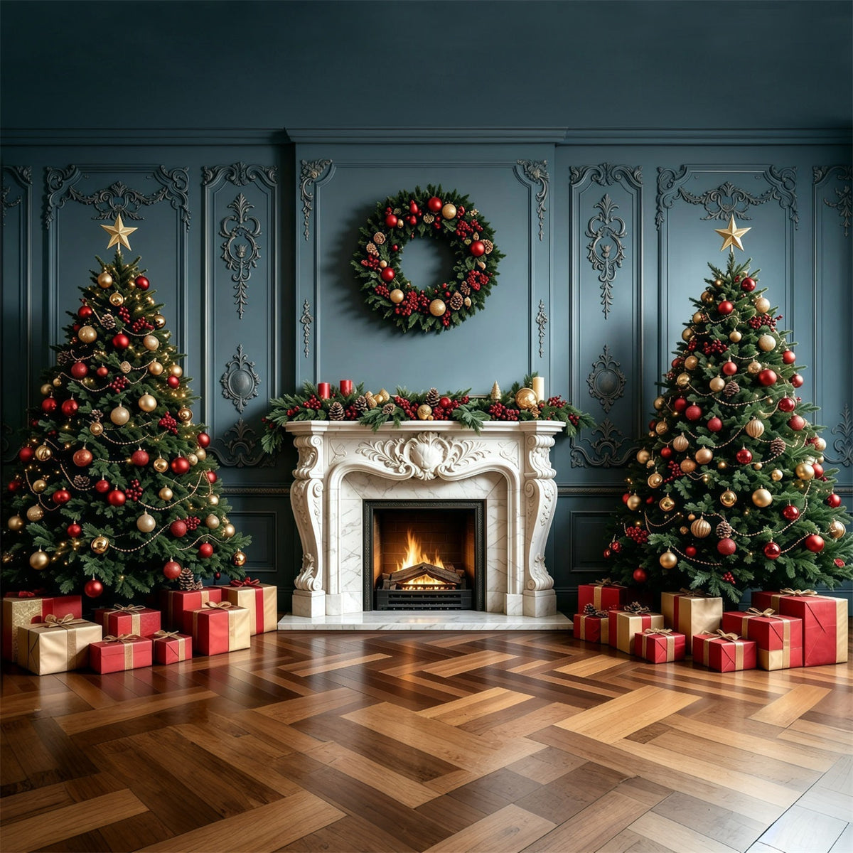 Fond De Cheminée De Noël Guirlande Murale Bleue Élégante Fond Photo De Noël GQ68-100