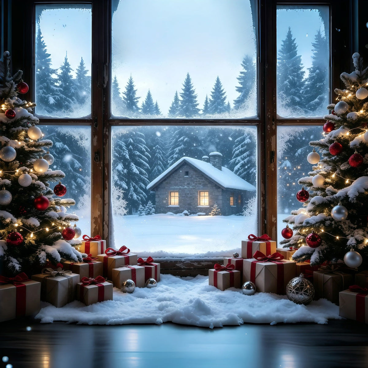 Décor De Noël Rustique Vue Depuis La Fenêtre D'Une Cabane Enneigée Décors De Noël Pour Studio GQ68-104