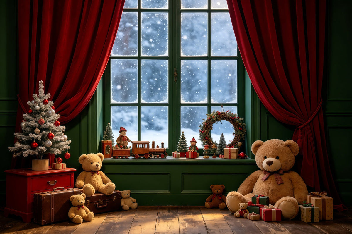 Décor De Vitrine De Noël Coin Intérieur Des Ours En Peluche Fond En Mousseline De Noël GQ68-106