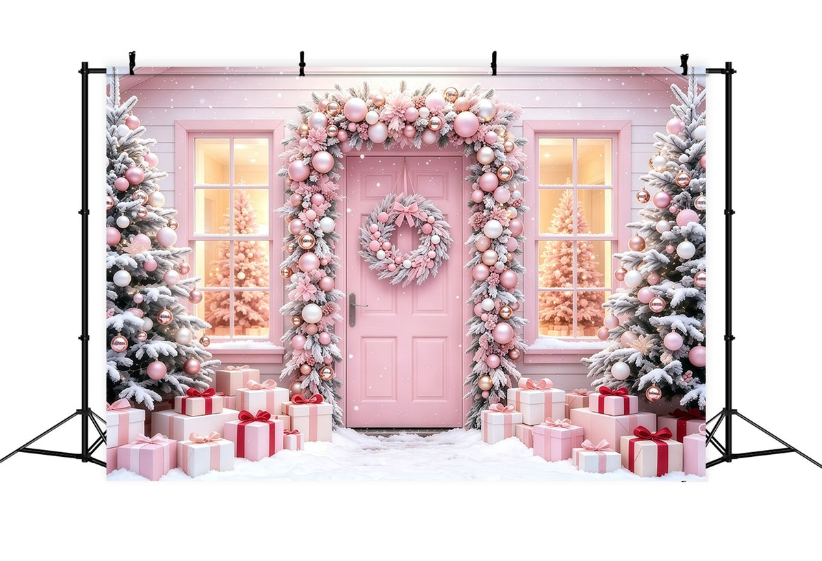 Fond De Noël Rose Porte Des Cadeaux De L'Arbre Enneigé Toiles De Fond En Mousseline De Noël GQ68-114