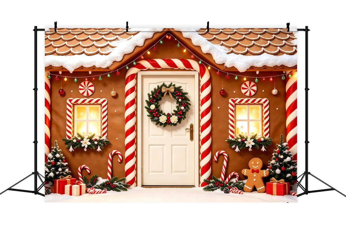 Décor De Noël En Pain D'Épice Porte De La Maison De Bonbons Enneigée Fond Photo De Noël GQ68-123