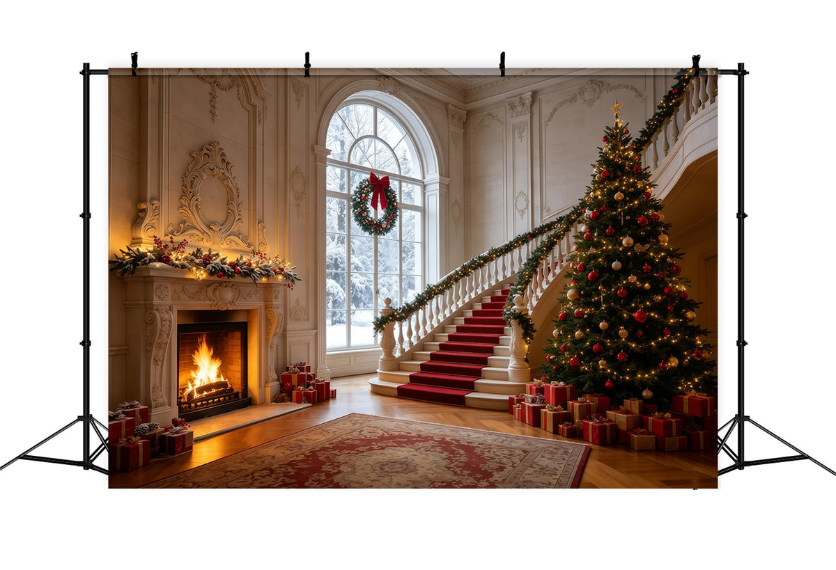 Décor De Noël Élégant Escalier Du Hall Du Manoir Décors Photographiques De Noël GQ68-126