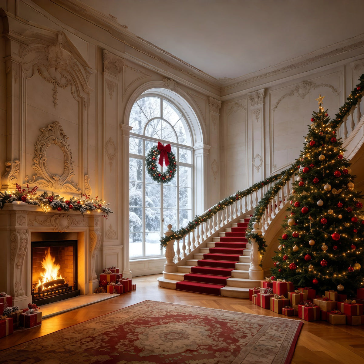 Décor De Noël Élégant Escalier Du Hall Du Manoir Décors Photographiques De Noël GQ68-126