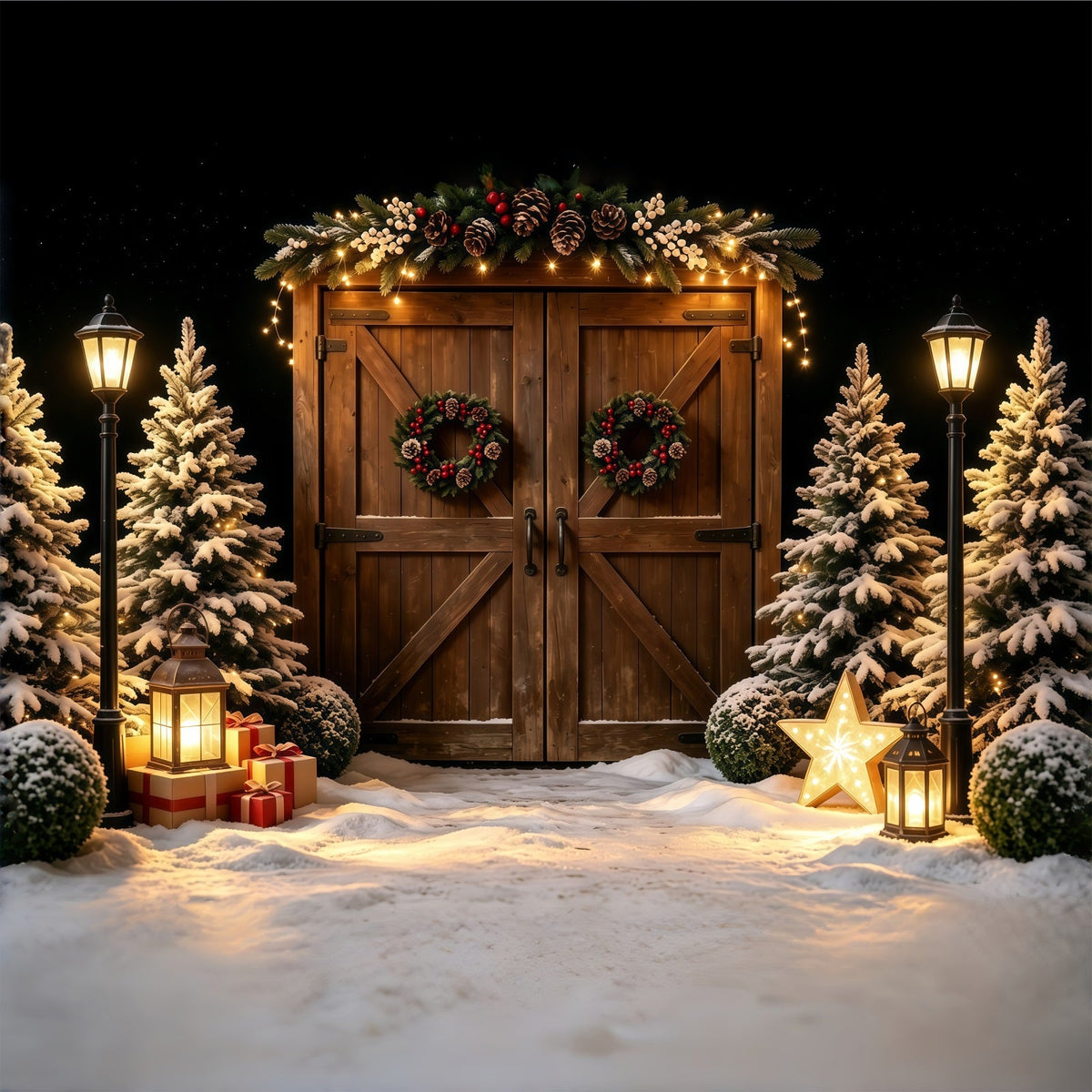 Décor De Grange De Noël Lanterne De Porte En Bois Enneigée Décors Photo De Noël GQ68-57