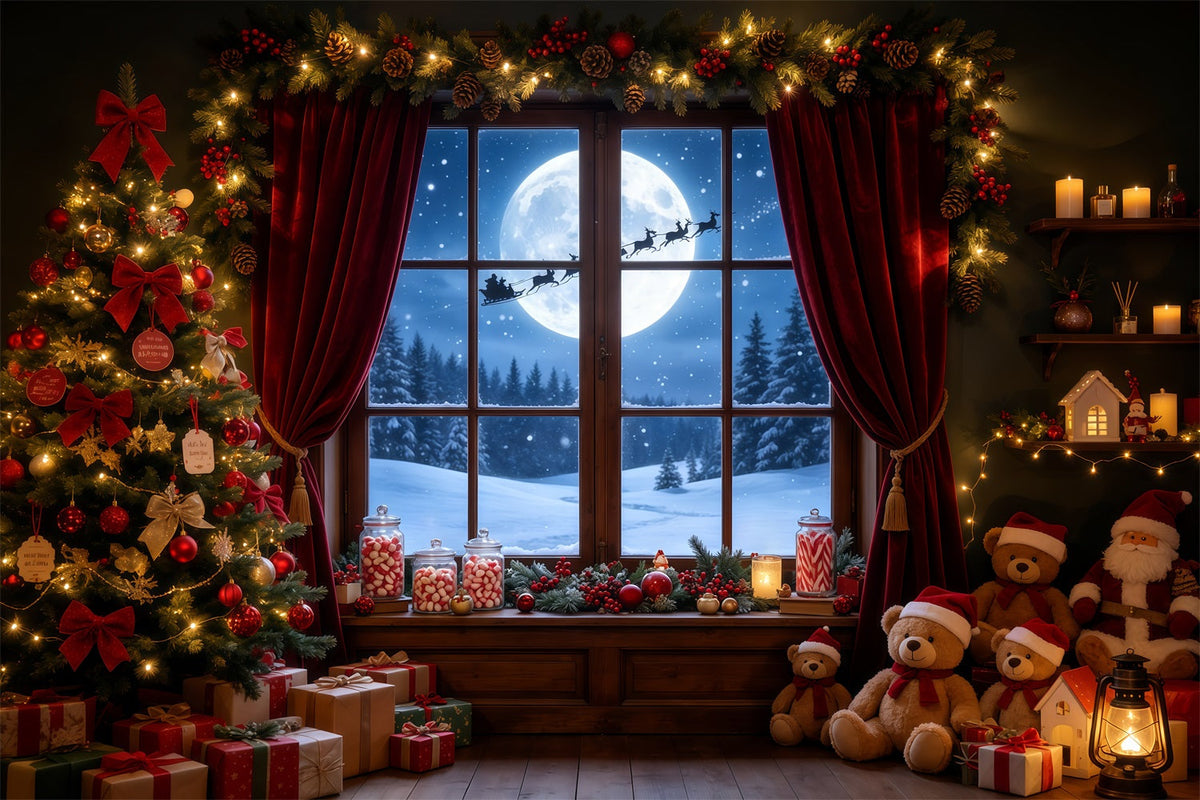 Décor De La Nuit De Noël Chambre D'Oursons Sous La Fenêtre Éclairée Par La Lune Fond De Noël Professionnel GQ68-72