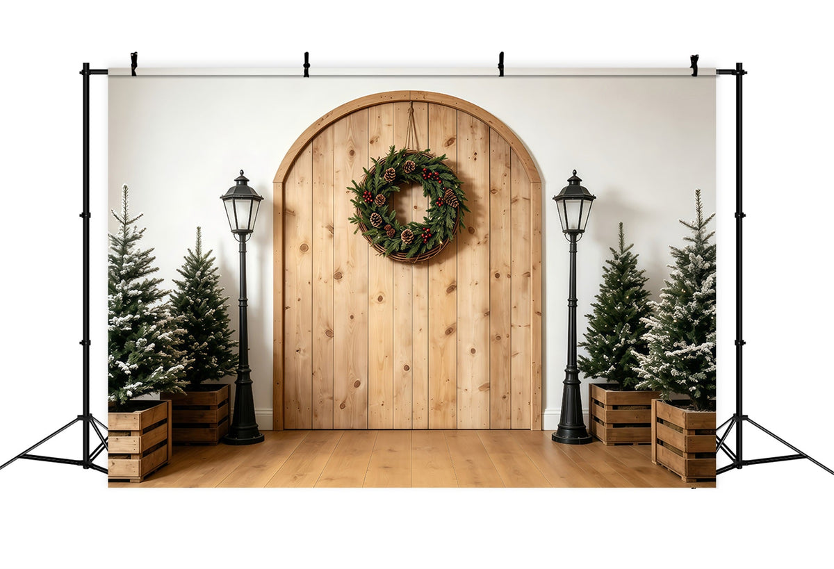 Fond De Noël Simple Entrée Avec Arche Rustique Et Couronne Fond En Mousseline De Noël GQ68-75