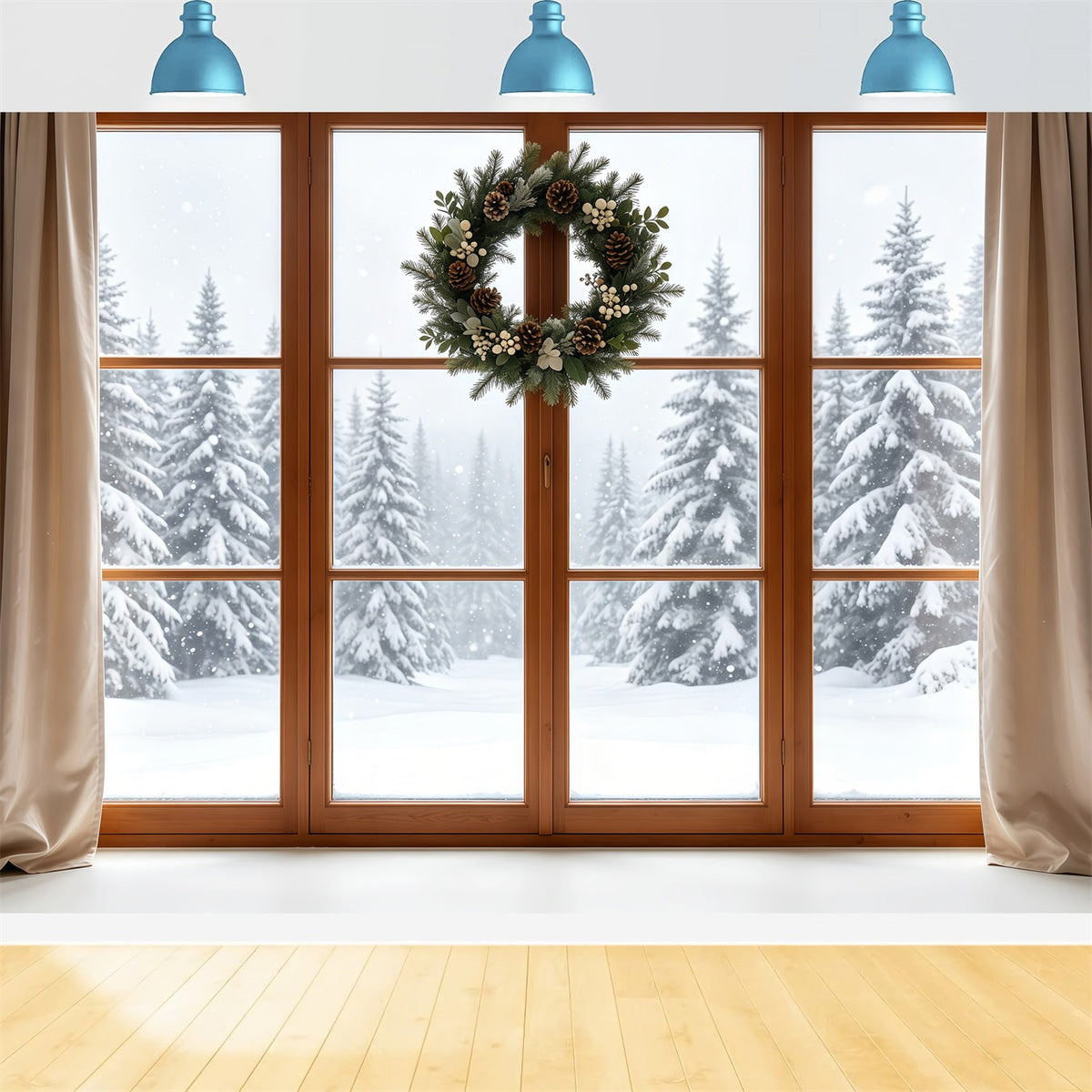 Décor De Vitrine De Noël Couronne Rustique Forêt Enneigée Décor Photo De Noël GQ68-80
