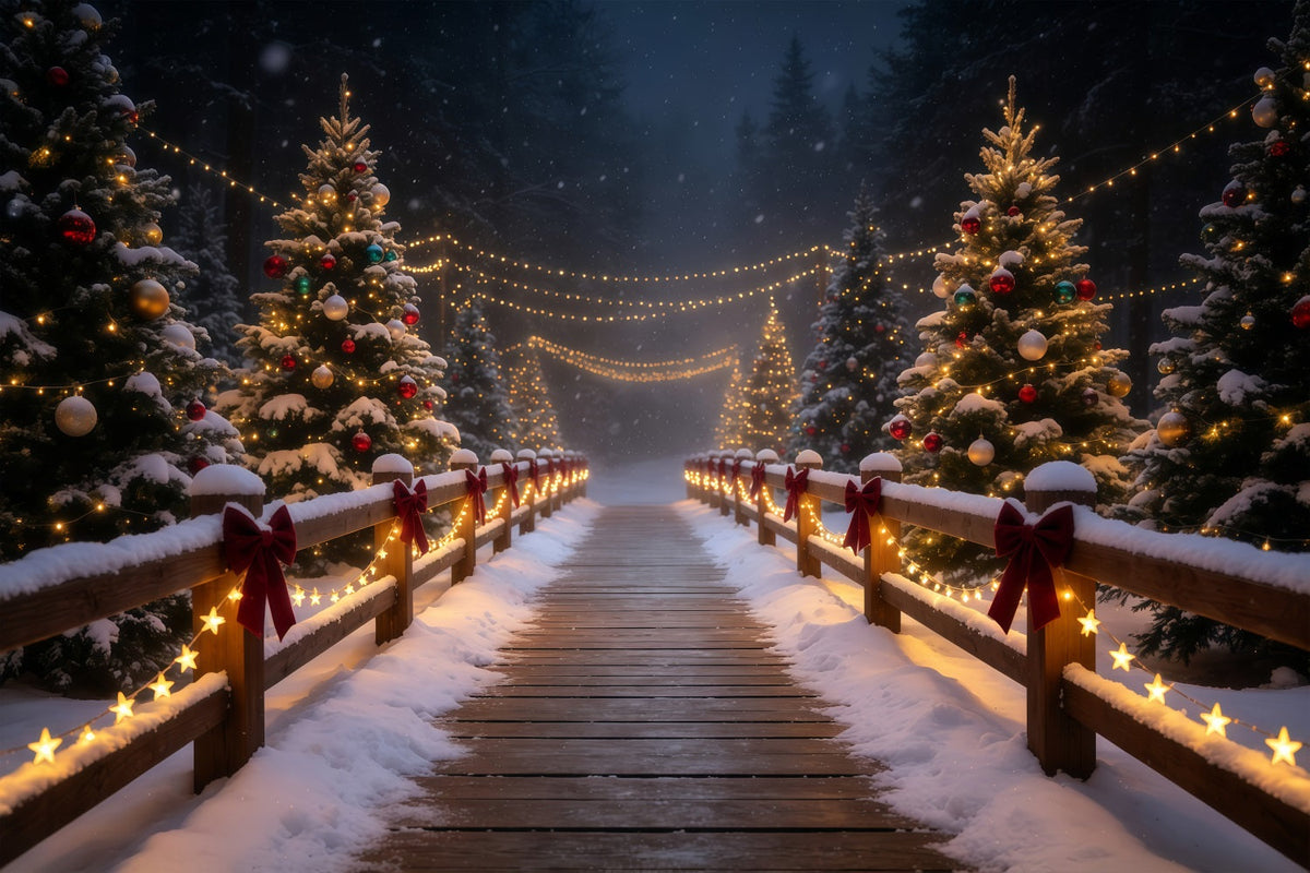 Décor De Noël Enneigé Chemin Du Pont De La Forêt Lumineuse Décor Photographique De Noël GQ68-83