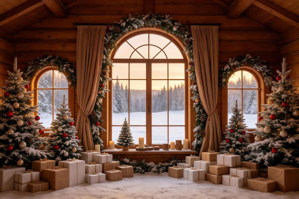 Décor De Cabane De Noël Vue Depuis La Fenêtre D'Une Maison Rustique Fond Photo De Noël GQ68-86