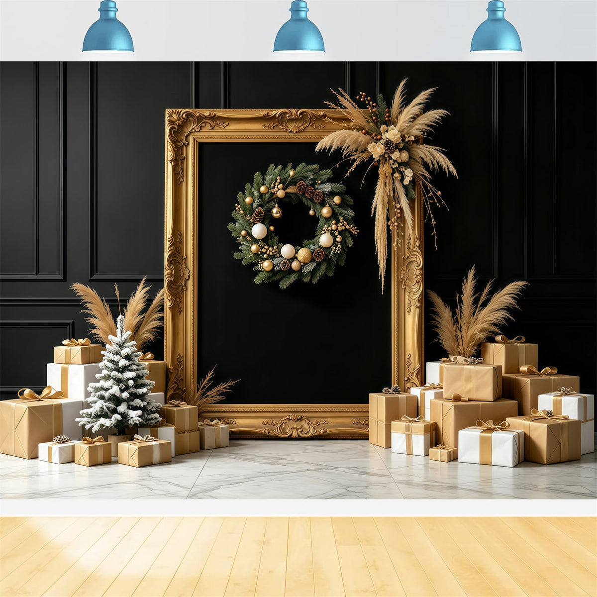 Fond De Noël Noir Et Or Présentoir À Cadeaux En Cadre Doré Grandes Toiles De Fond De Noël GQ68-87
