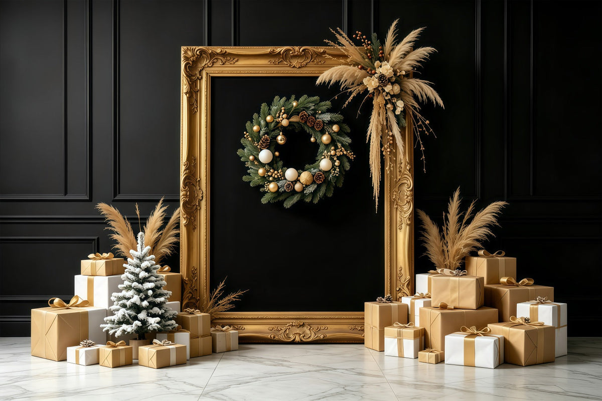 Fond De Noël Noir Et Or Présentoir À Cadeaux En Cadre Doré Grandes Toiles De Fond De Noël GQ68-87