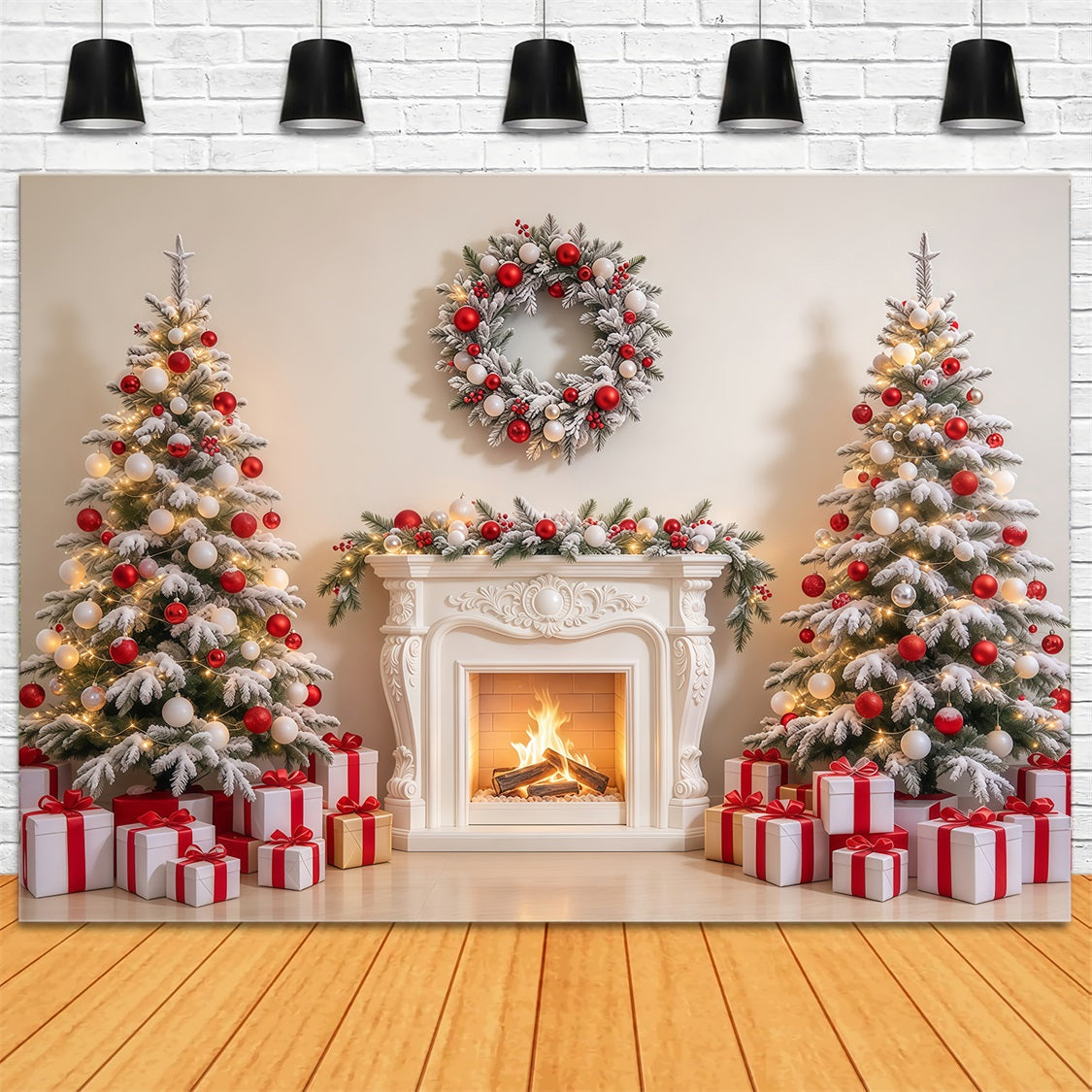 Fond De Noël Rouge Et Blanc Cheminée Chaleureuse GQ69-101