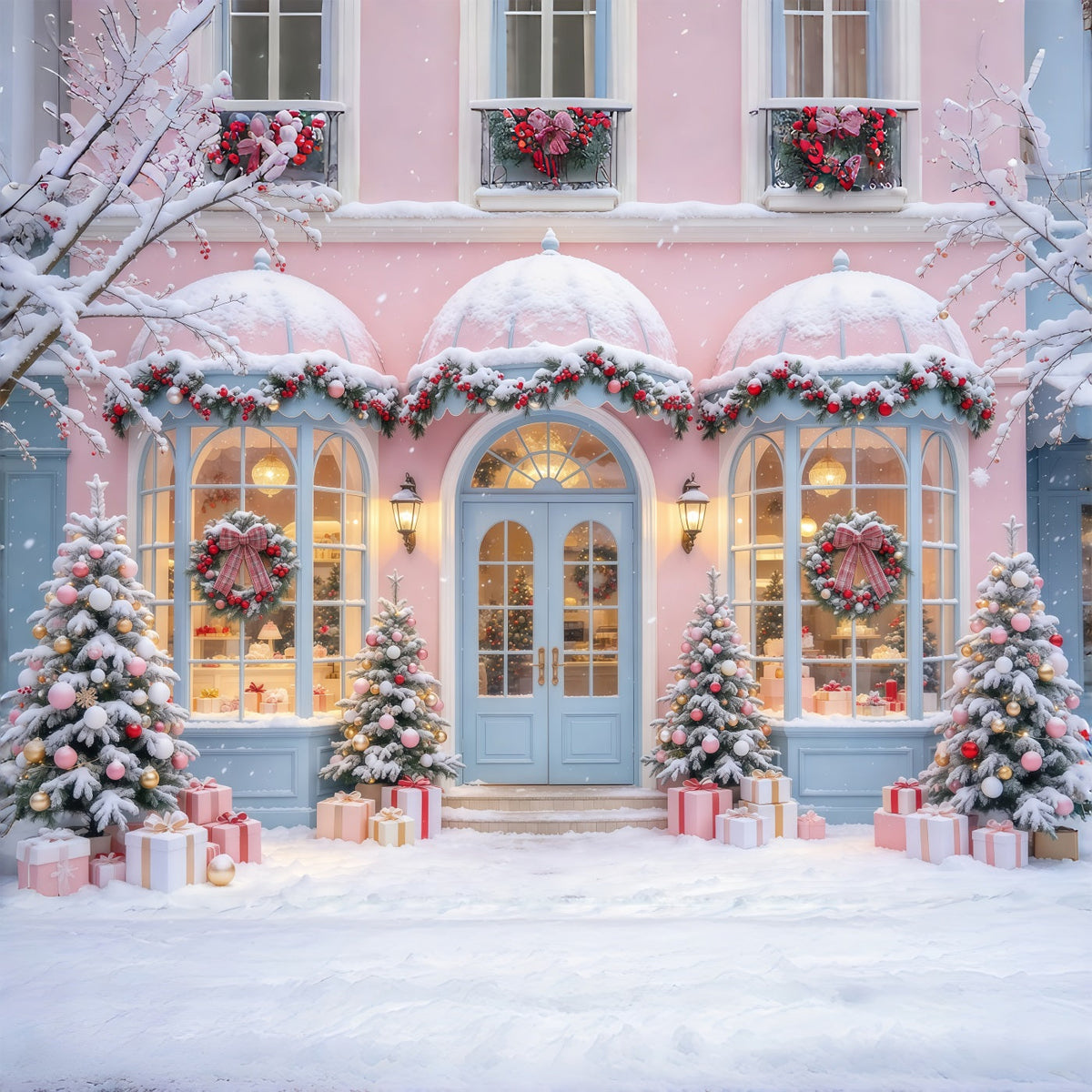 Fond Photo De Noël Boutique Pastel Rose Enneigée GQ69-102