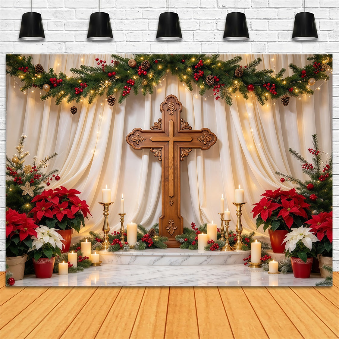 Fond De Noël Religieux Croix Poinsettia Lumière Bougies GQ69-106