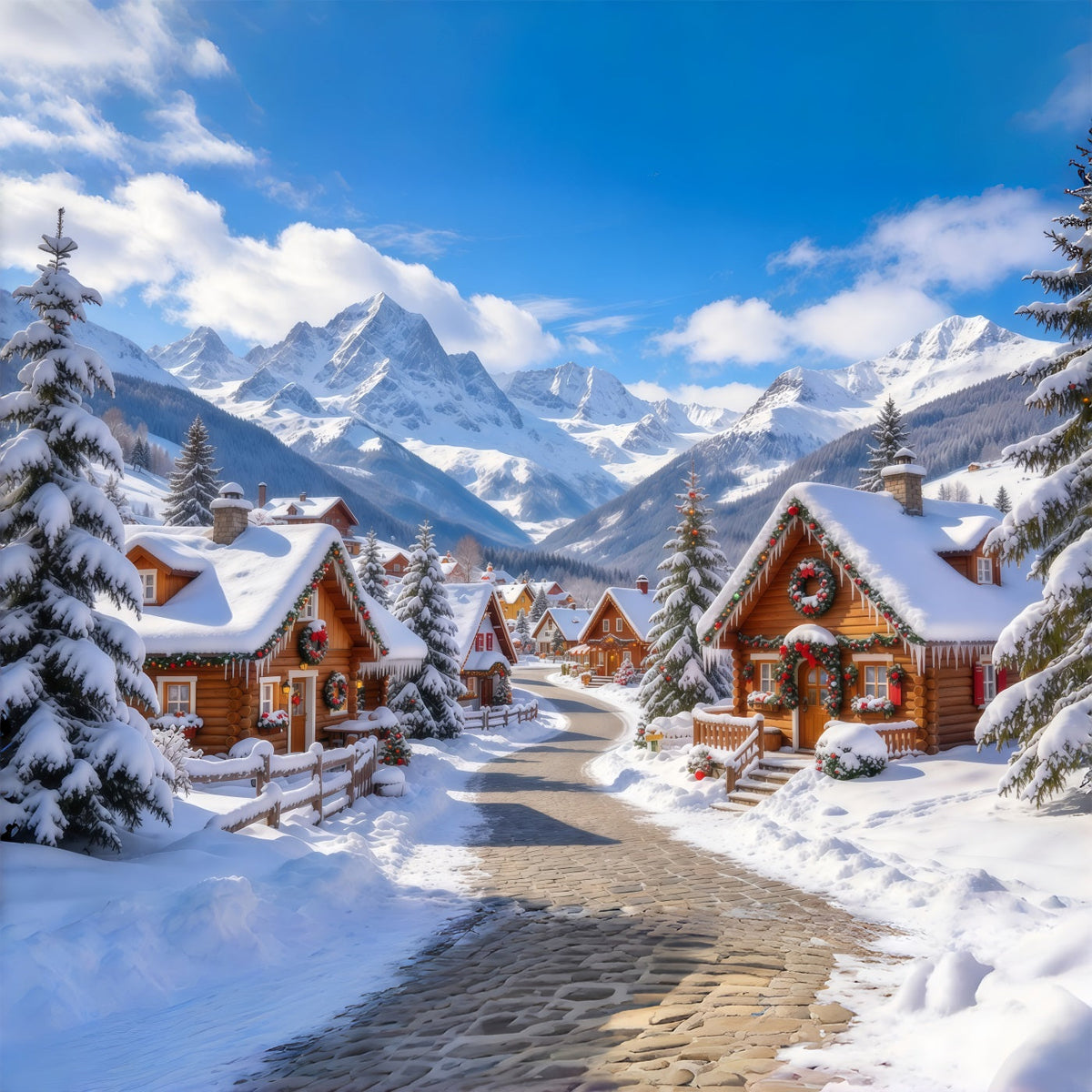Fond De Village De Noël Chalet Alpin Campagne Enneigée GQ69-107