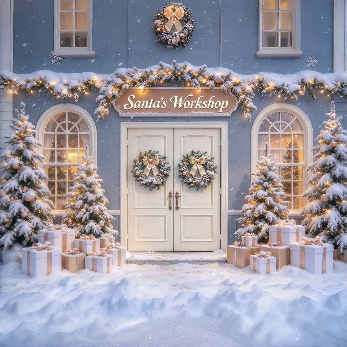 Fond Photo De Noël Porte Enneigée Atelier Père Noël GQ69-108