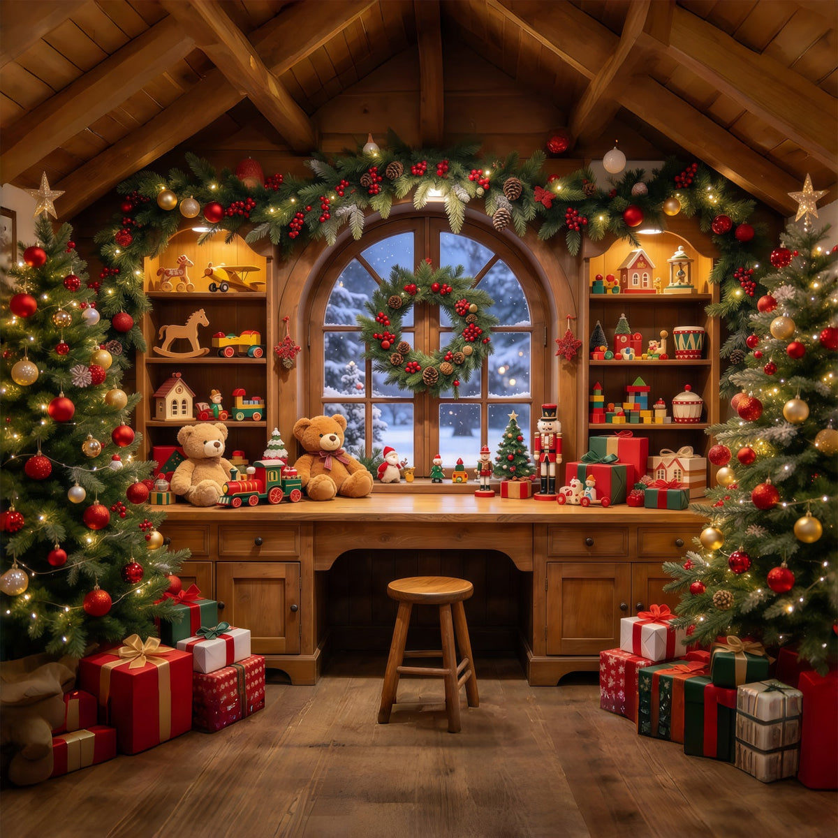 Fond Photo Père Noël Atelier Jouets Intérieur Chaleureux GQ69-109