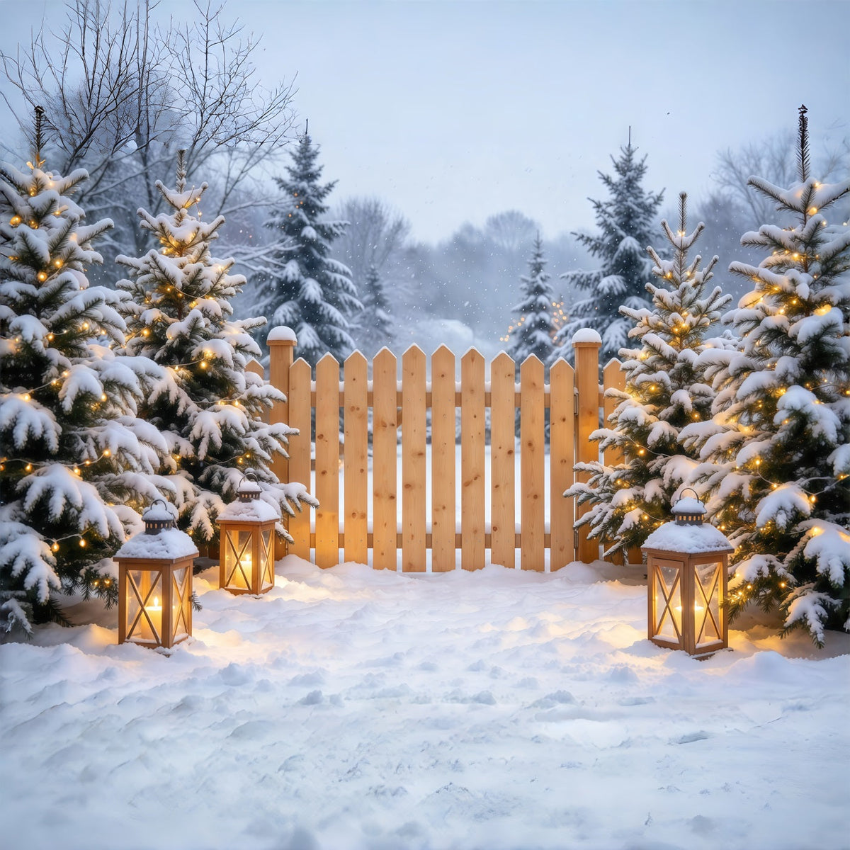 Fond De Noël Extérieur Clôture Lanternes Pins Enneigés GQ69-110